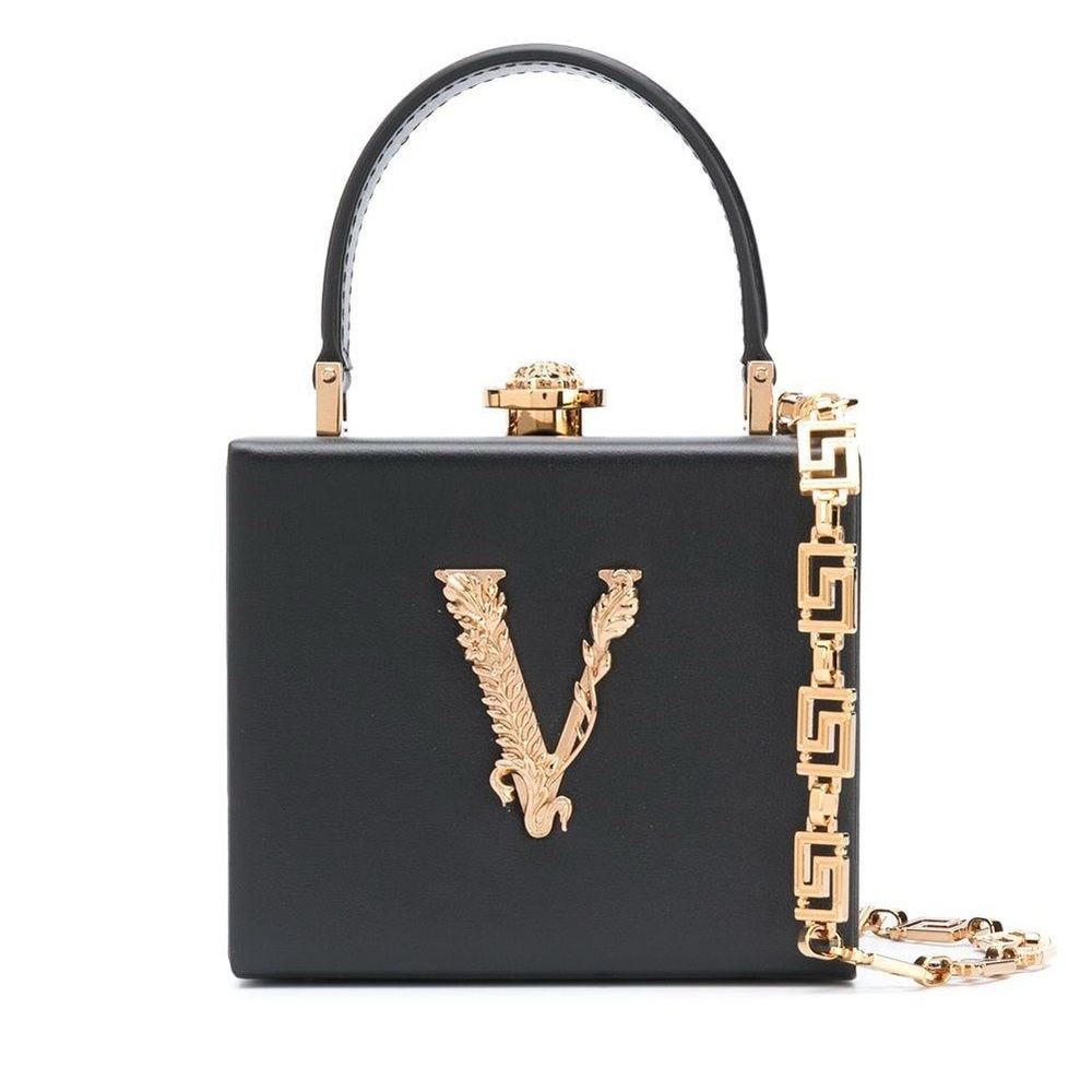 Versace Black Leather Virtus Square Handbag